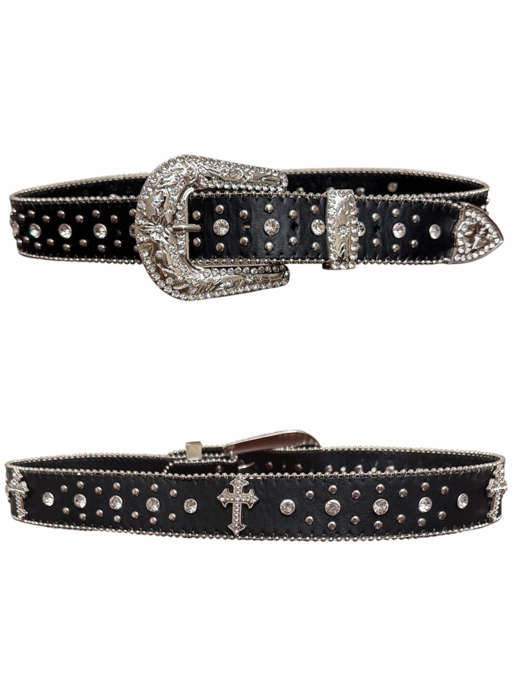 Western belt black faux leather silver Buckle  crystal embellished crosses EUC